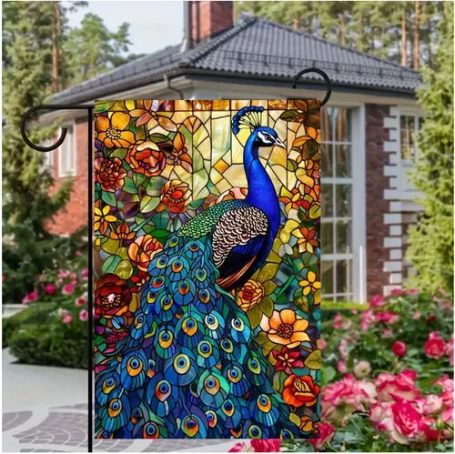 Stained Glass Style Peacock Durable Polyester Garden Flag,  12'x18