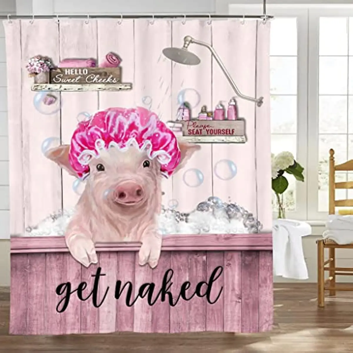 

Funny Pink Pig Shower Curtain RusticAnimal Shower Curtain Fabric Waterproof Curtains with 12 Hooks Cute Pig Bathroom Decor