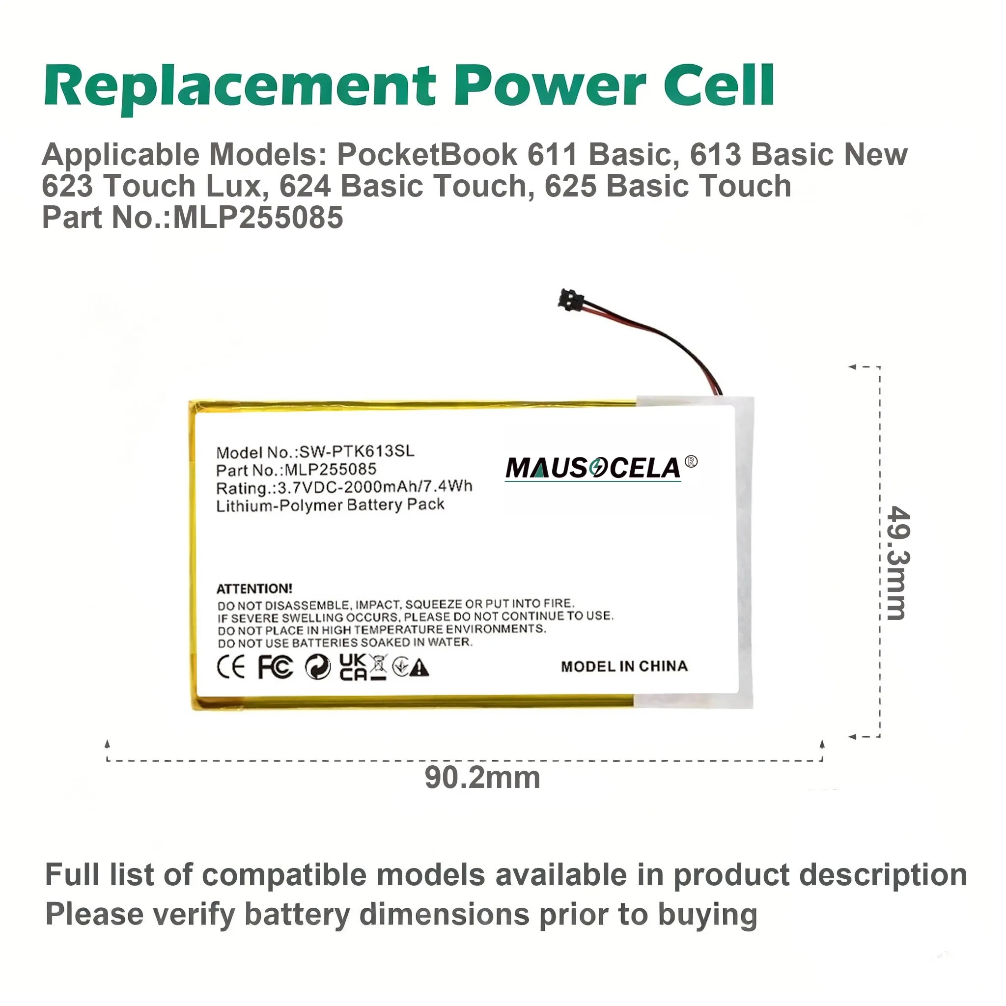 2000mAh E-book and E-reader Battery MLP255085 for Pocketbook 611,623, 625, 612 ,624,  Basic, Basic New, Basic Touch, Touch Lux