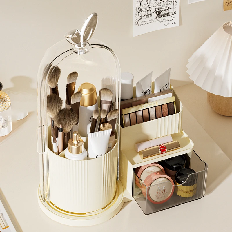 

360° Rotating Cosmetic Brush Shelf Organizer Cosmetic Display Case Desktop with Drawer Storage Organizer For Living Room Bedroom