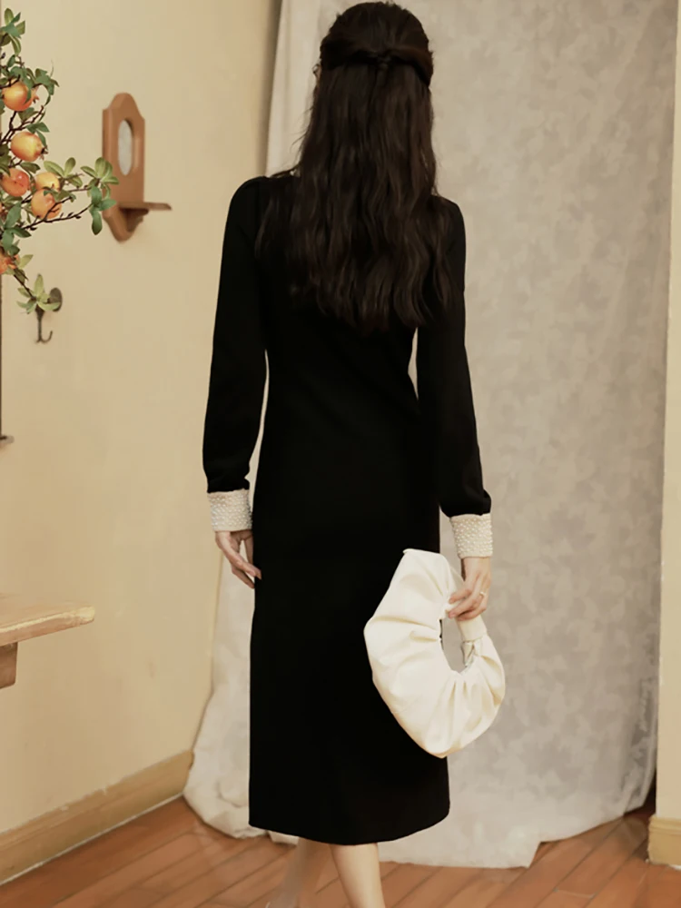 Robe tricotée noire Chic à col montant et perles pour femme, tenue élégante à simple boutonnage, tenue de soirée moulante coréenne, automne hiver 2025
