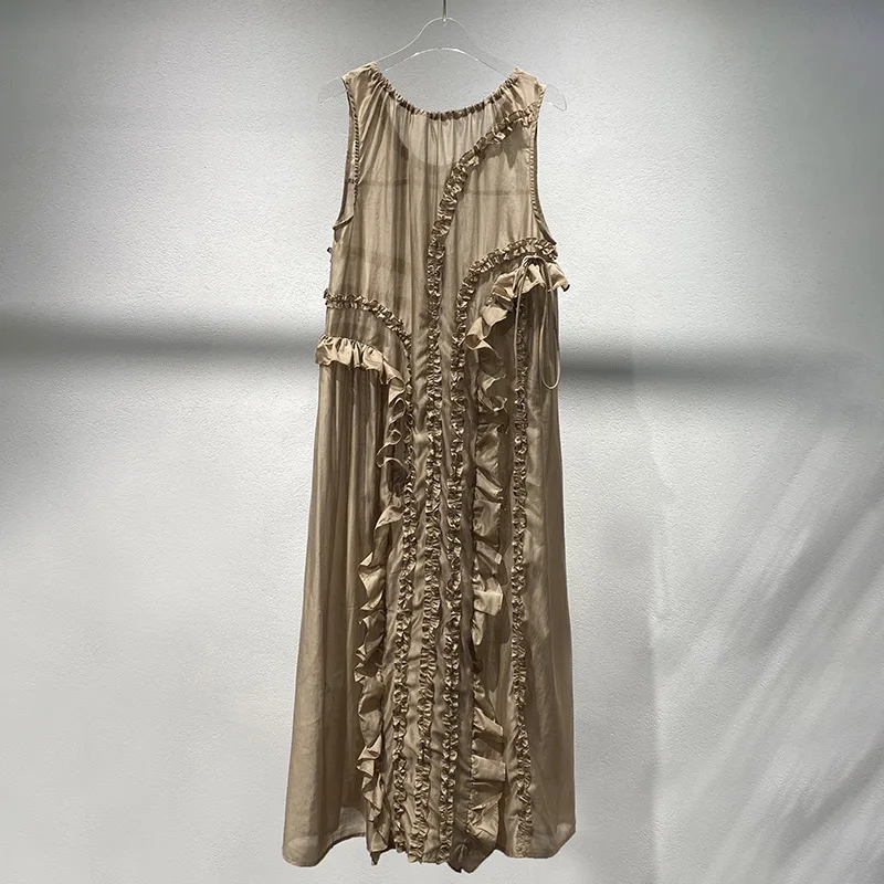 تنورة طويلة جديدة لربيع وصيف 2025 برقبة دائرية مكشكشة ومرقعة مائة متطابقة مع فستان نسائي رقيق بدون أكمام #2