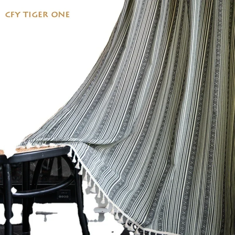 

American Cotton Linen Green Stripe Curtain Thick with Tassels Curtains for Living Room Valance for The Luxury Living Room