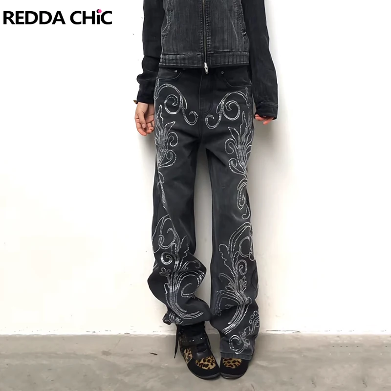 

REDDACHiC женские джинсы в стиле барокко со стразами, черные винтажные свободные брюки с низкой талией и широкими штанинами, уличная одежда бойфренда в стиле хип-хоп