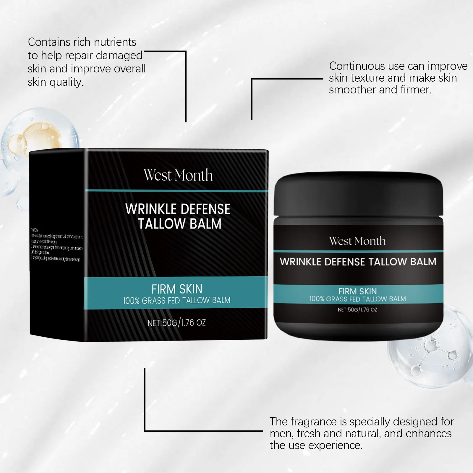 West&Month Balsamo viso Tallow da uomo, carbomer, trietanolamina, Tallow, viso, idratante e idratante, contenuto netto 50,00 g