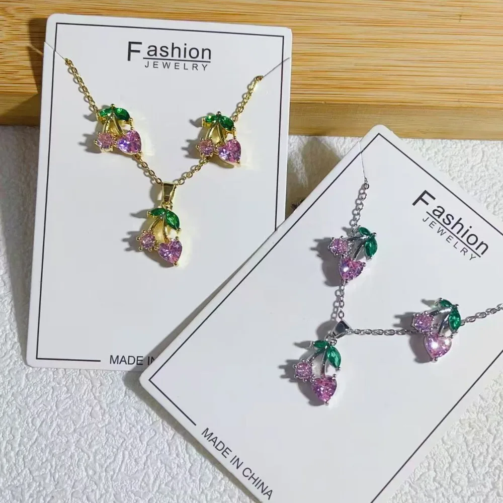 

Cute Colorful Zircon Cherry Pendant Necklaces Stud Earring For Women Girls Purple Romantic Jewelry Set Fashion Accessories Gifts
