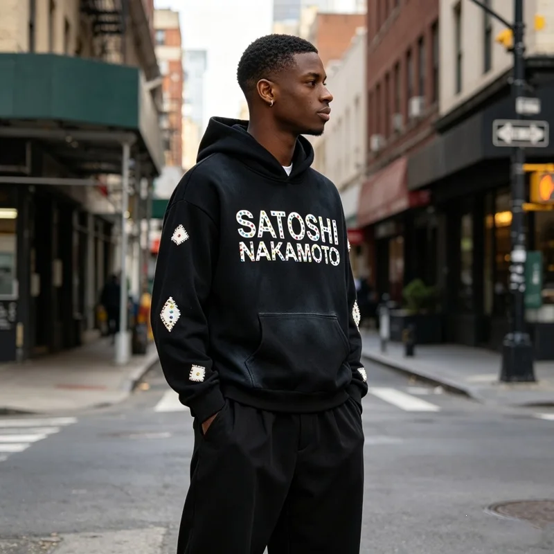 Satoshi Nakamoto Retro Patchwork Embroidered Precious Diamond Letter Print Hooded Sweatshirt for Men and Women