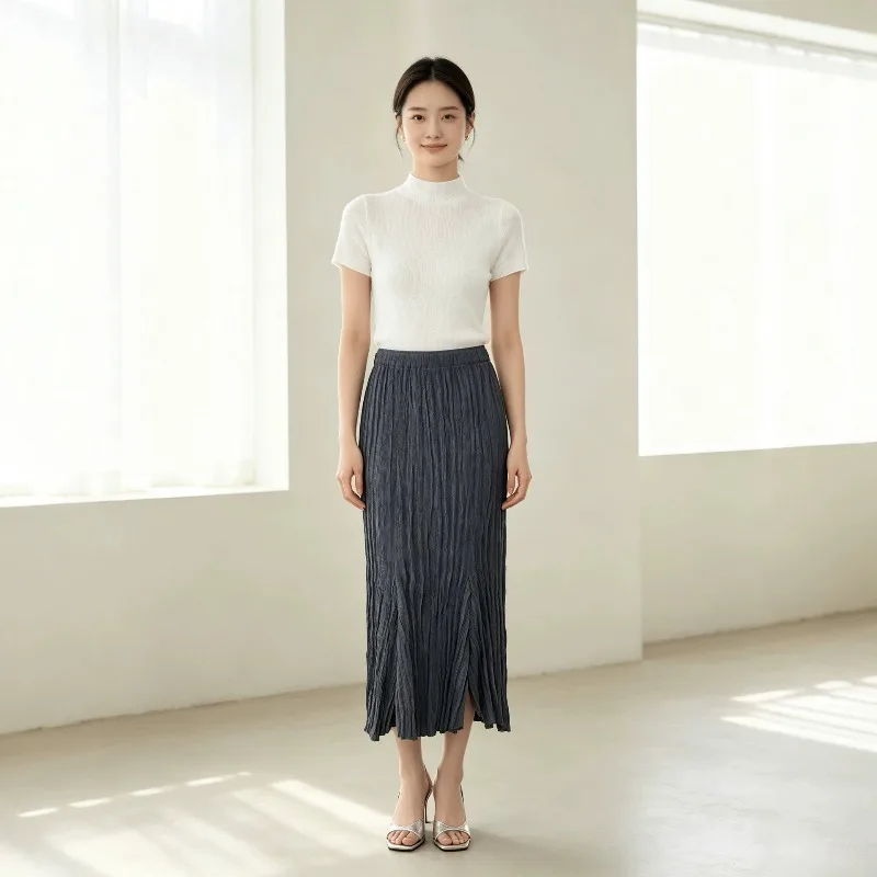 Miyake Pleated 2026 Japanese Style Skirt Textured Pleated Front Slit Fishtail Long Skirt Elastic Waist Plus Size Women's Skirt