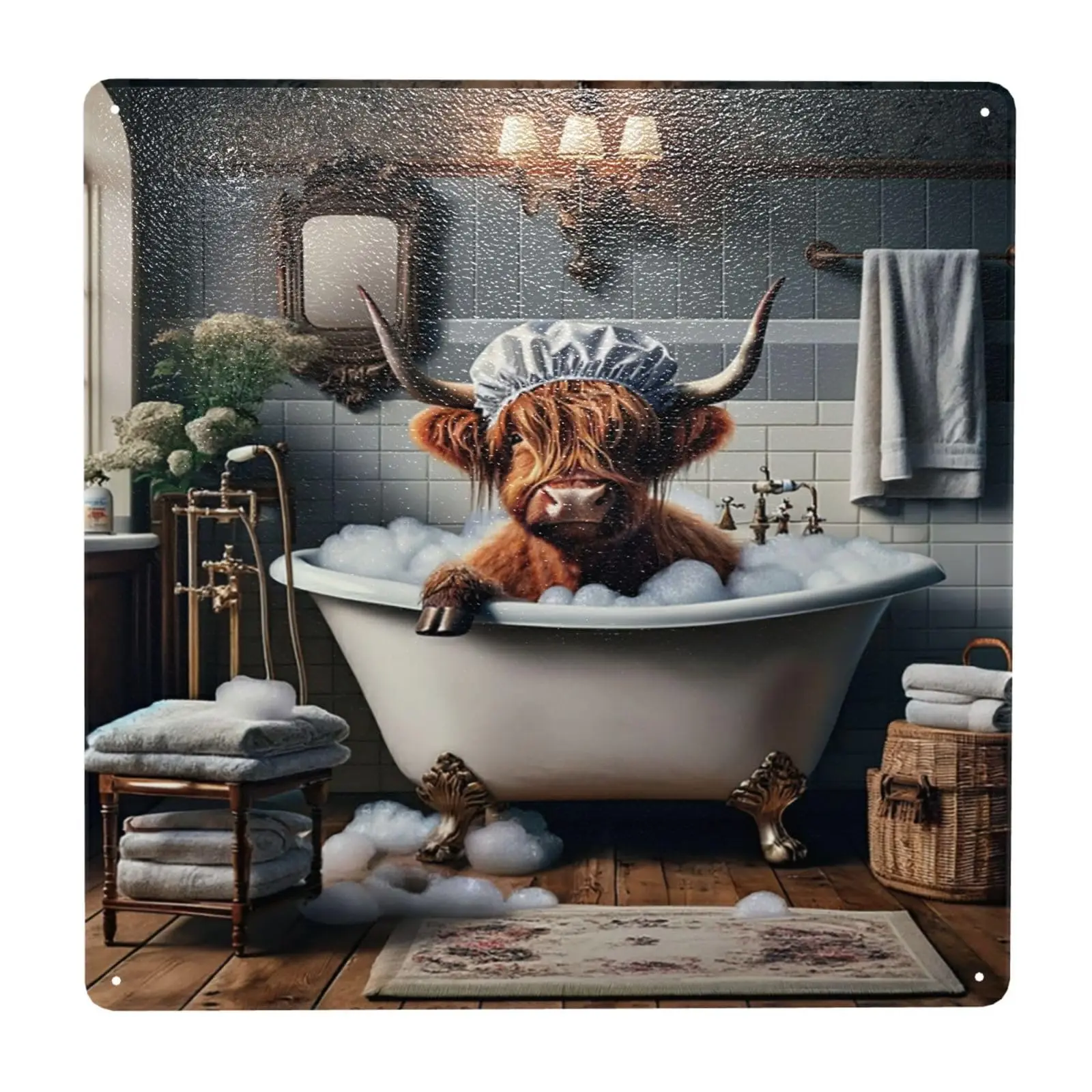 Rustikale Highland Cow In Bath Vintage Metall Blechschild Wandkunst Dekor, antikes Blechschild für Badezimmer Dekor, bezaubernde Heimdekoration Plakette