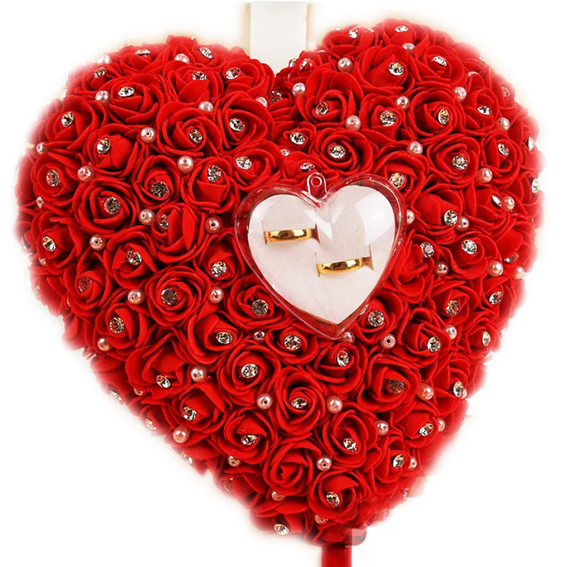 

Romantic Weeding Party Decor foam rose heart shape ring holder bridal ring pillow crystal pearl Valentine's Day Engagement favor