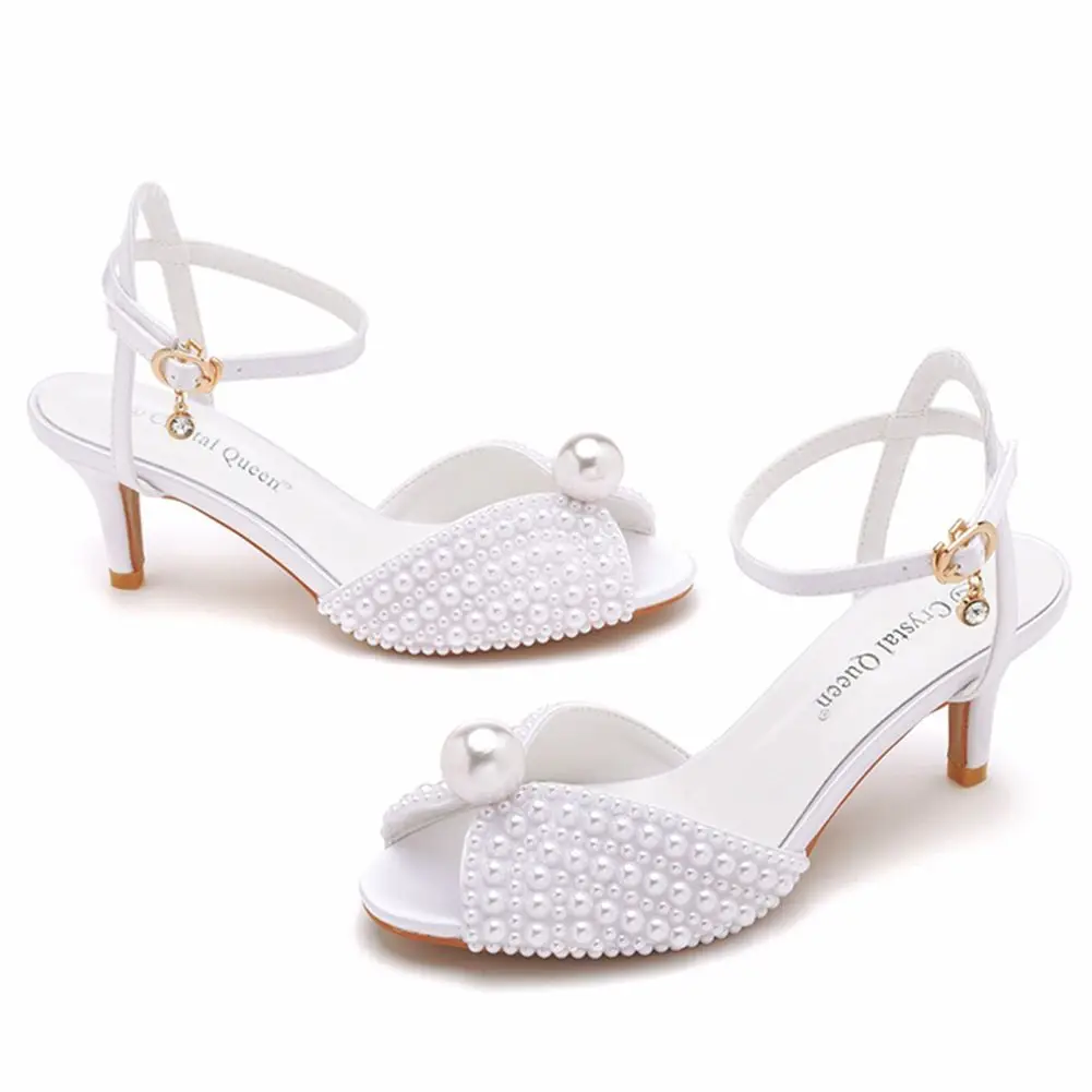 

Fashion White Heels Buckle Designer Women Sandals High Quality Wedding Women's Shoes Pearl Rivets Luxury Open Toe
