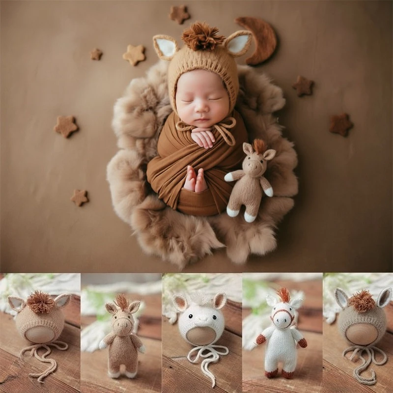 Newborn Photography Props Animals Handmade Knitted Horse Doll Hat with Ears for Baby Studio Photoshoot Accessories Prop