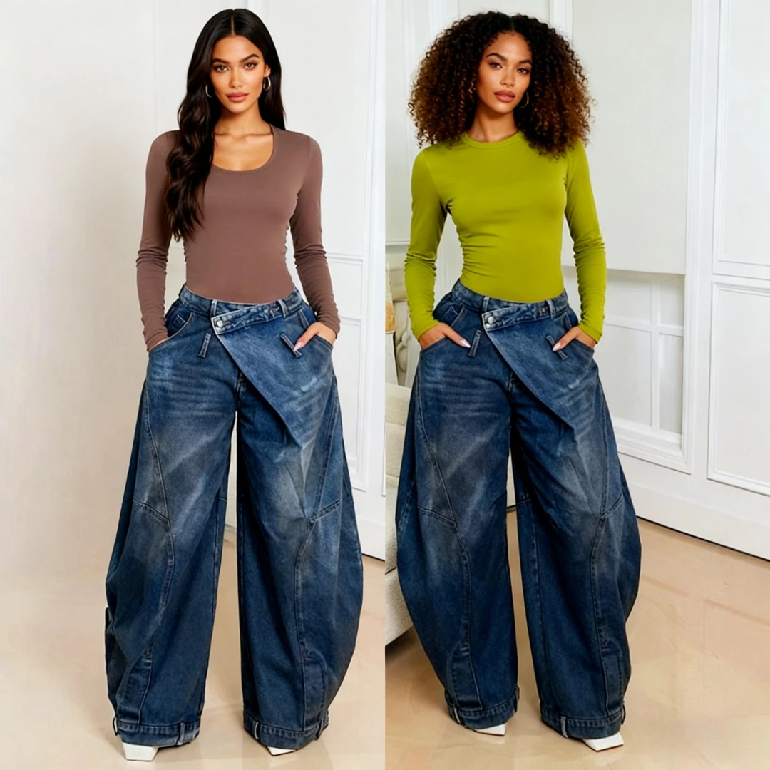 Spodnie Mom Jeans z szerokimi nogawkami damskie, styl vintage, denim punk, luźne spodnie, elastyczne, średni stan, sprane, postarzane, streetwear 2025