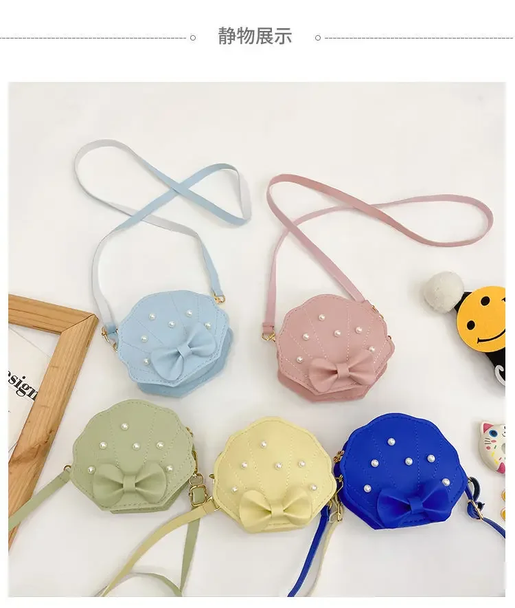 Cute Children's Small Shoulder Bags PU Leather Baby Girls Messenger Bag Lovely Princess Pearl Shell Coin Purse Kids Handbags