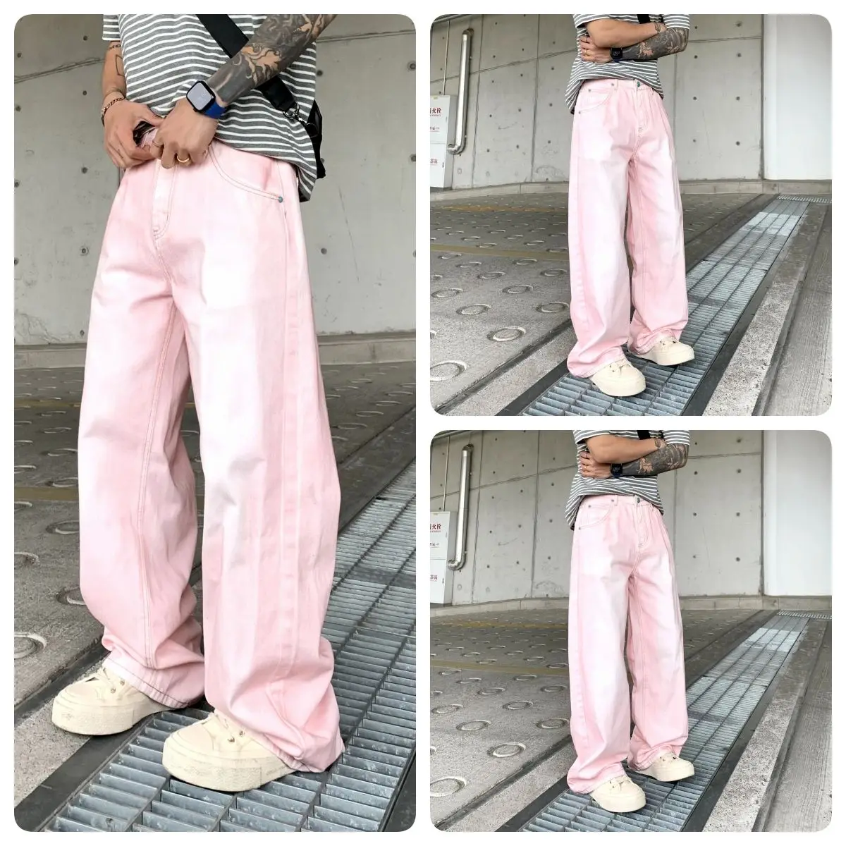 Calça jeans masculina rosa, perna larga, cor tingida, ajuste solto, algodão, jeans, masculina