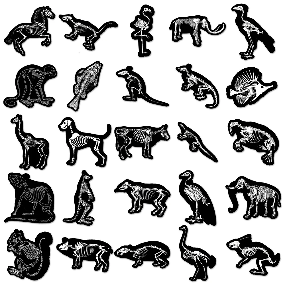 Desenhos animados preto e branco animal esqueleto adesivos, adesivo decalque legal para laptop, skate, bagagem, bicicleta, carro, atacado, 10 pcs, 30 pcs, 50pcs