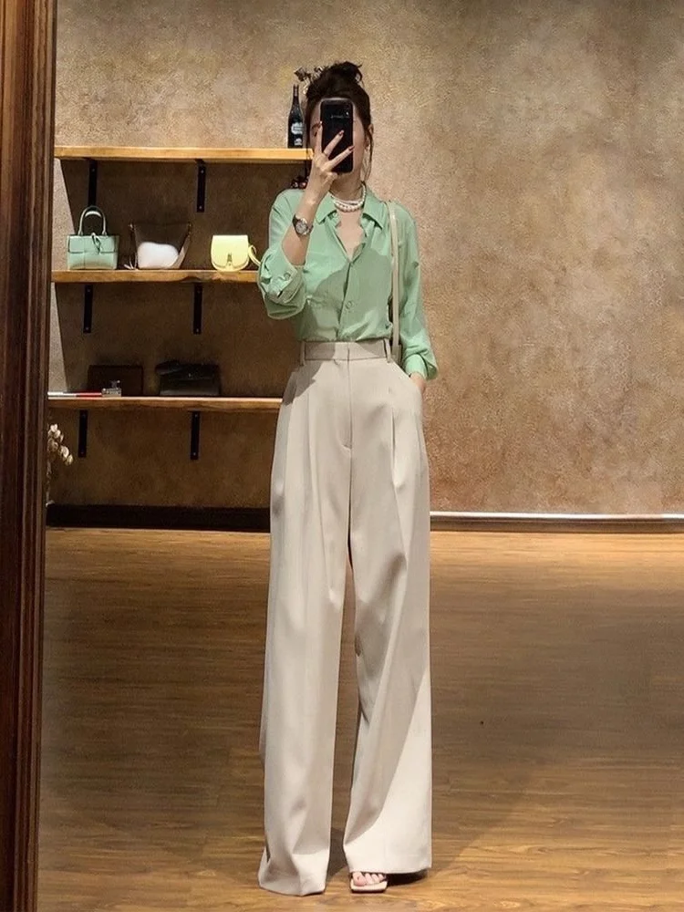 Blouse and Pant Sets for Women 2 Pieces Office Wide Leg Spring Autumn Shirt Trousers Woman Professional Wear To Work Baggy Full