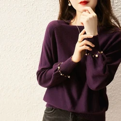 Spring Nail bead Sweater Pullover Shirt,Women's, Autumn Winter temperament Knitted Sweaters, Girls Purple Jersey Tops,2024 New