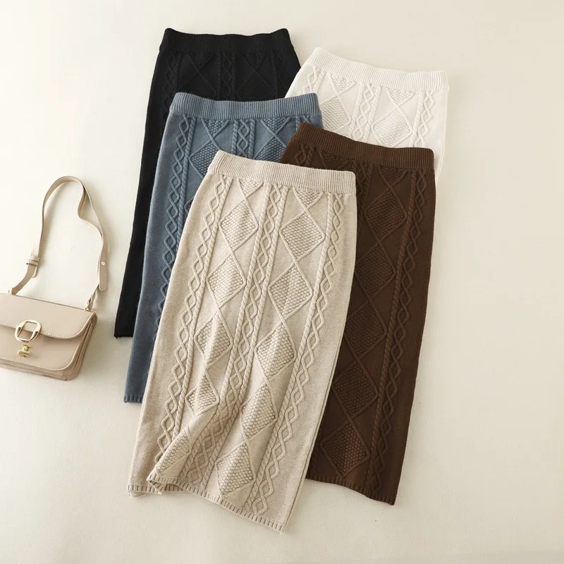 Winter Thickened Woolen Knitted Skirt Women New Autumn Retro Twists Midi Long Skirt Female Straight Tube Hip Wrap One Step Dress