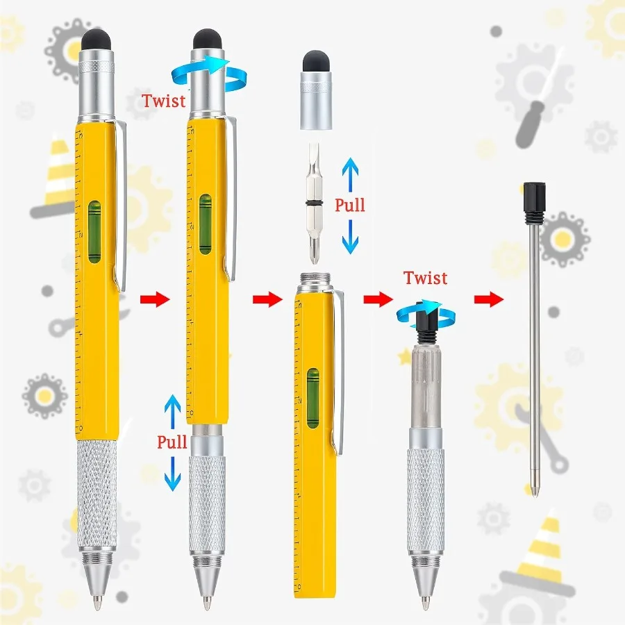 4 Pack Multitool Pen with Extra Refills Set 6 in 1 Multitool Pen with Ruler Level Gauge Multifunctional Metal Ballpoint Pen for