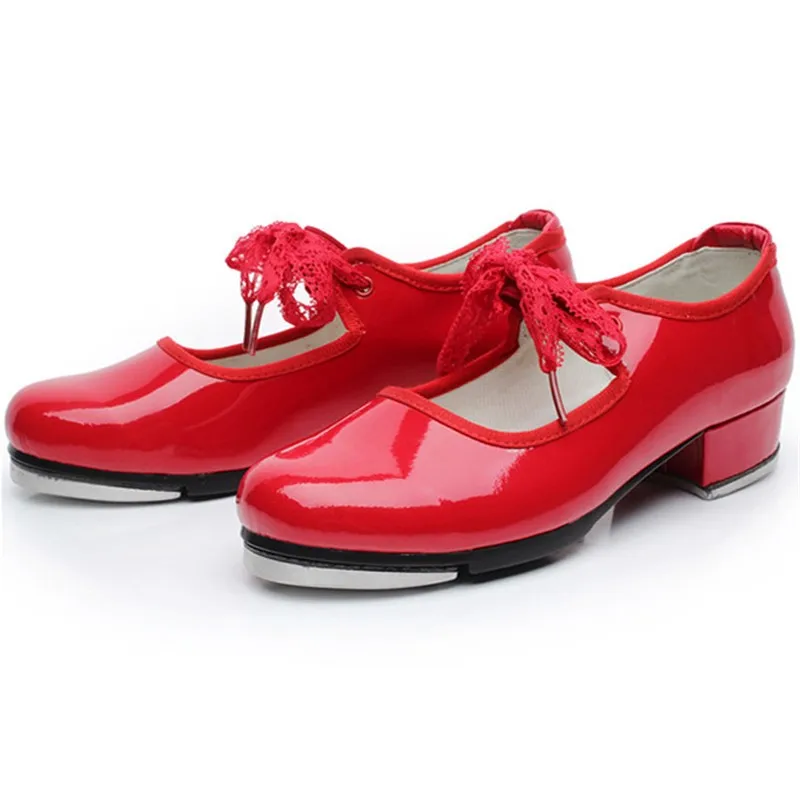 Professional Cheap Kids Girls Red Black PU Leather Tap Dance Shoes