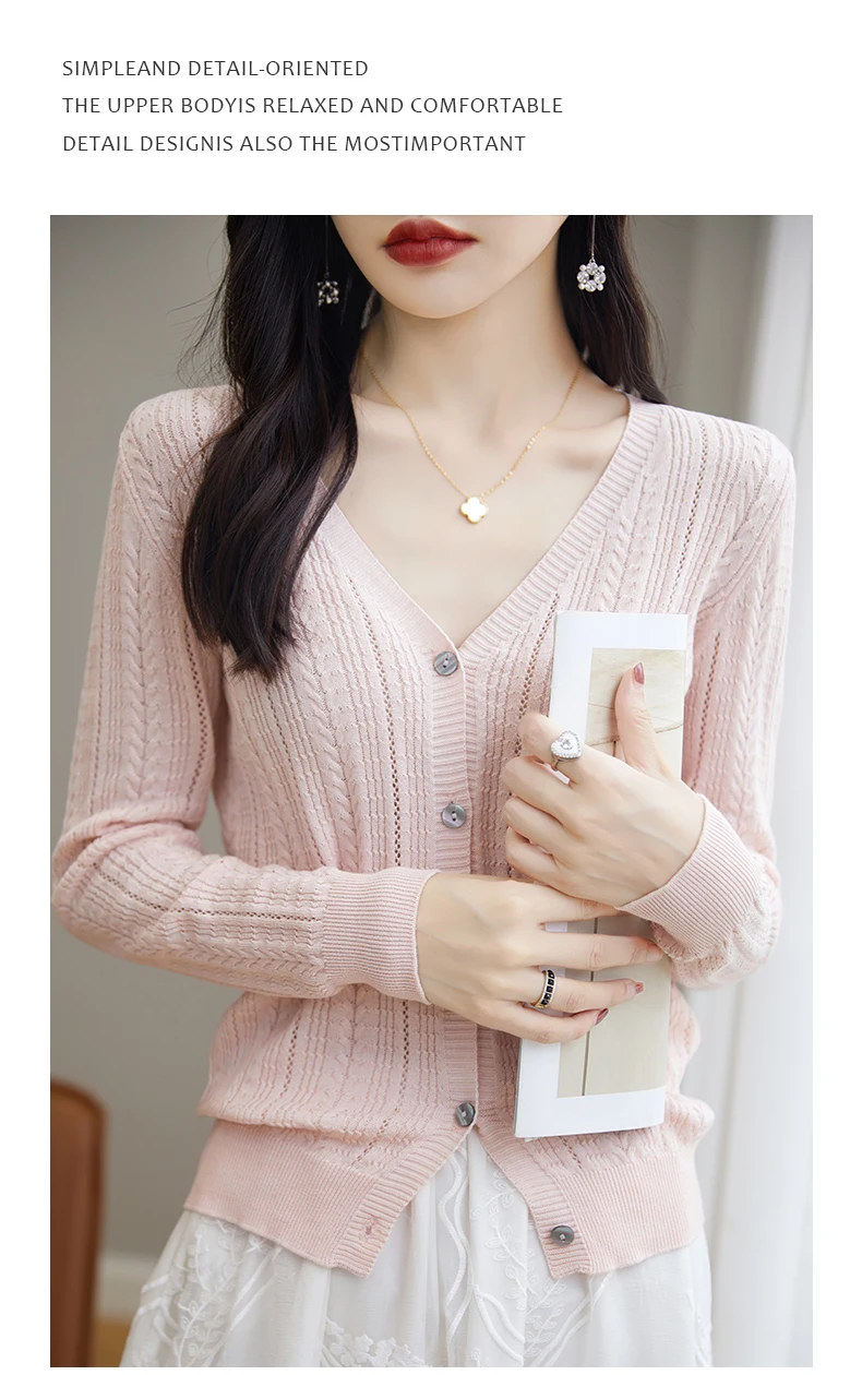 100% Cotton Spring/Summer Hollow v Neck Long Sleeved Sun Proof Air-Conditioned Shirt, Comfortable Fashionable Cardigan