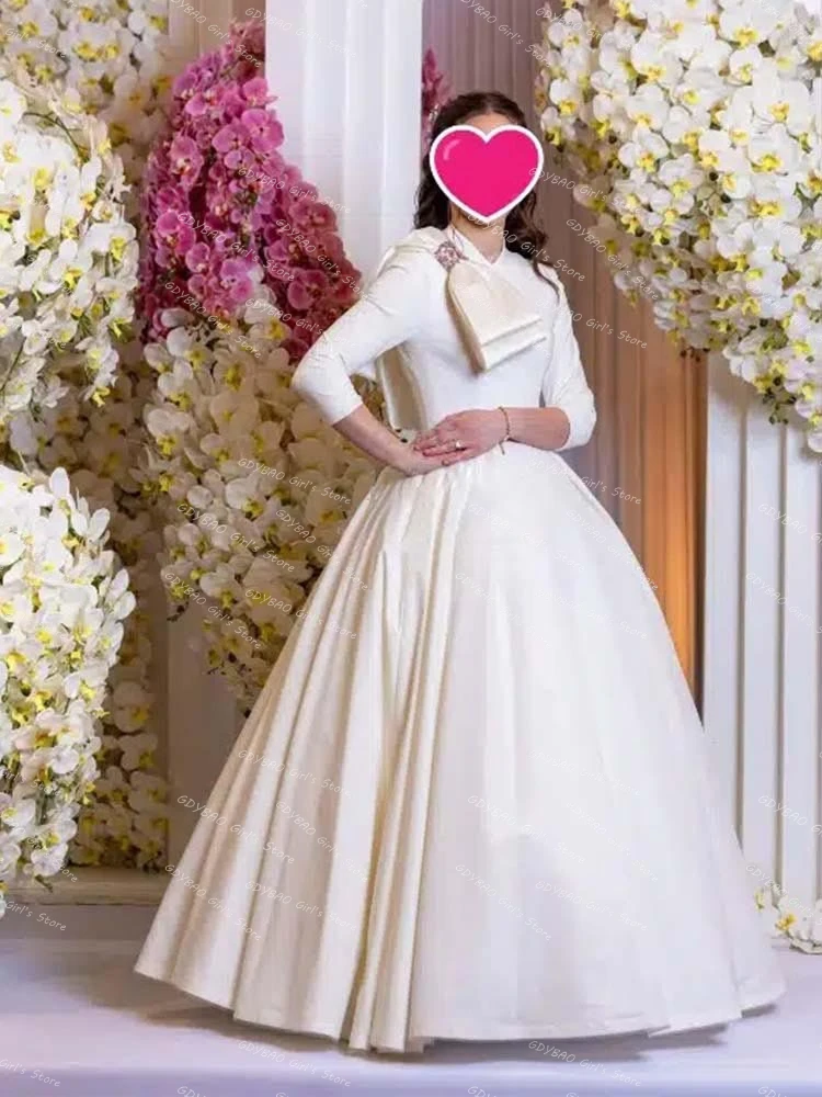 

Customized Satin Flower Girl Dress for Wedding 2-14 Kids Ball Gown Beaded Bow 3/4 Sleeve First Communion Dress Long Party Gown