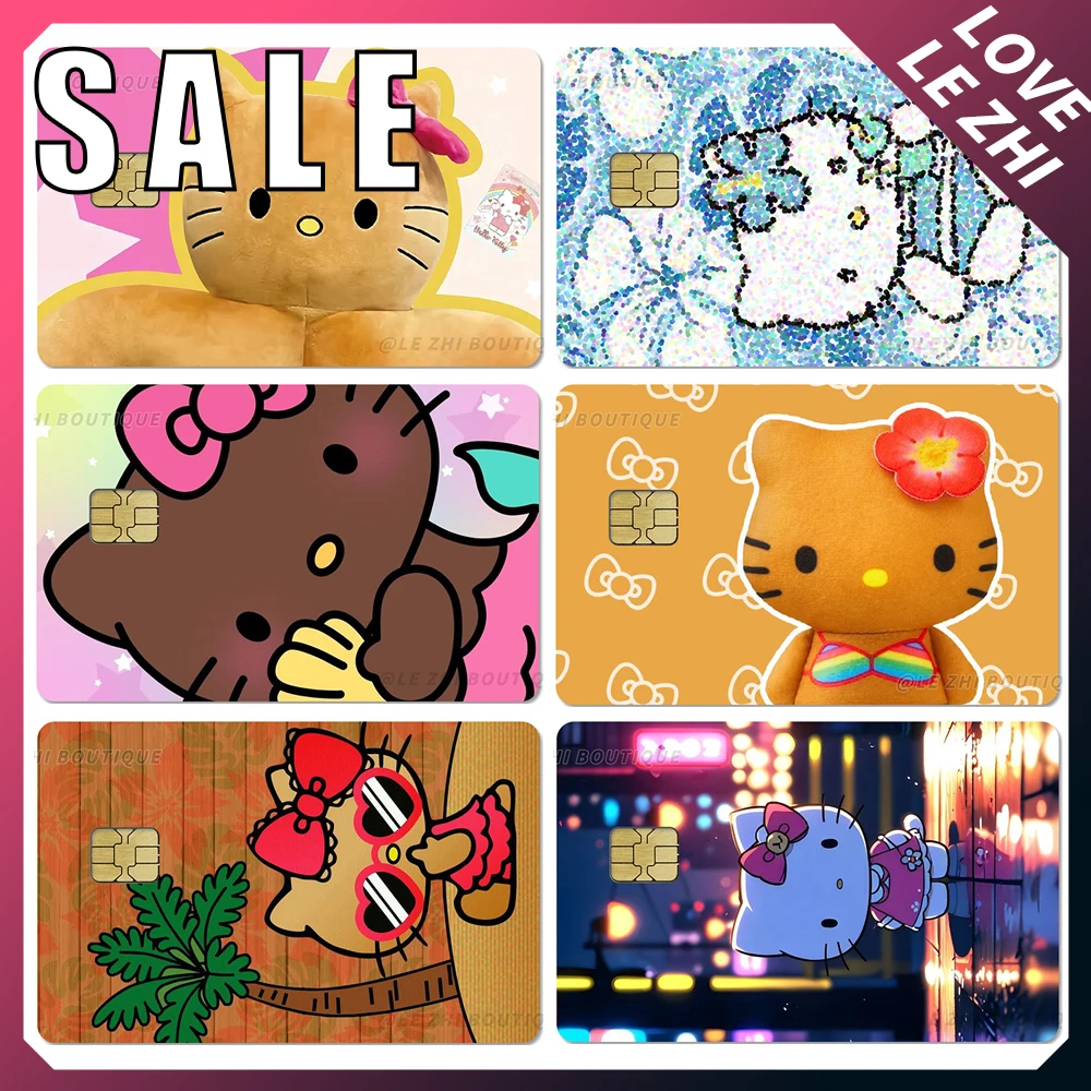 Promoción de ventas Kawaii Hello Kitty tarjeta de crédito Chip pequeño piel pegatinas de fiesta dibujos animados tarjeta bancaria impermeable Metro pegatinas regalo