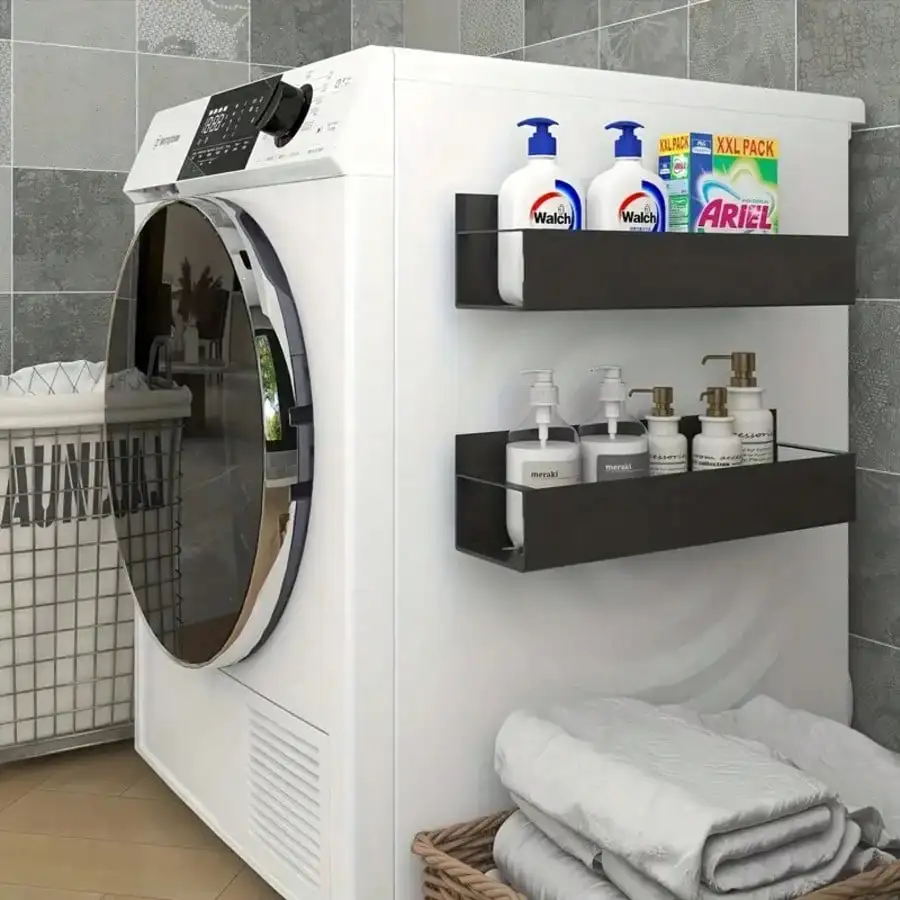 

1/2pcs Magnetic Side Storage Rack for Fridges/Washers, No-Drill, Black Metal, Spice/Laundry Organizer