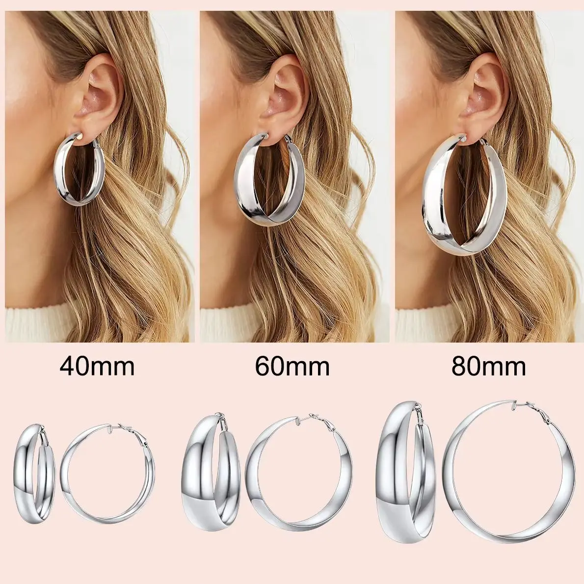 U7 Stainless Steel 40/60/80mm Curve Band Round Hoop Earrings for Woman Small Large Statement Hoops Lightweight Ear Jewelry Gift