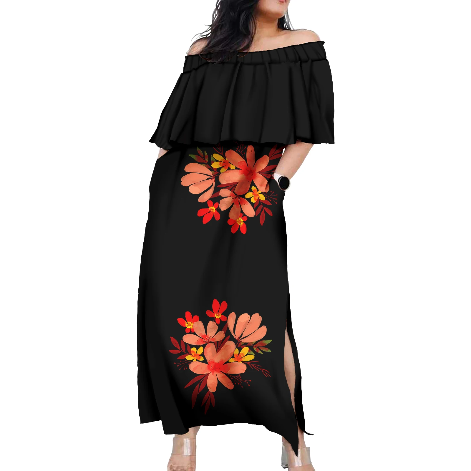 

Island Plus Size Dress high-end Hawaiian Tribal Design Customization Casual Prom Slit Ruffles Dress Polynesian Women's Clothing
