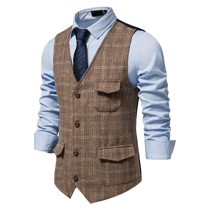 Vintage Men\'s Suit Vest Thick Flower British Large Tank Top Classic Plaid Business Waistcoat