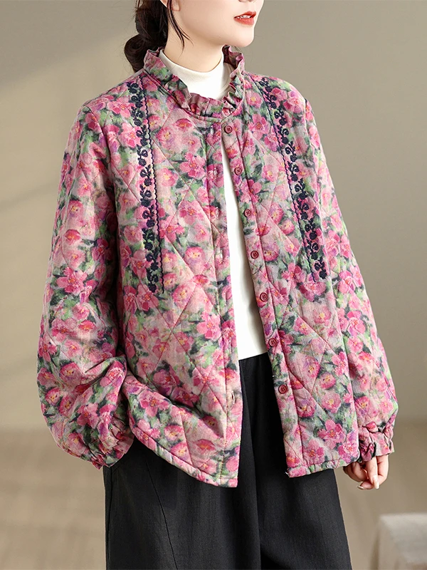 Warm katoen Jaet Dames plus maat Faionable Veelzijdig Artistiek Bloemen Lang Sve gevuld Bovenkleding Retro Sle Loose Fit...