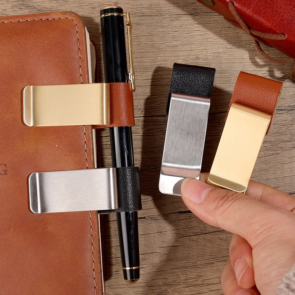 Vintage Handmade Leather Pen Holder Brass Stainless Steel Clip Design Portable Desktop Storage Pouch for Journal Notebook Paper