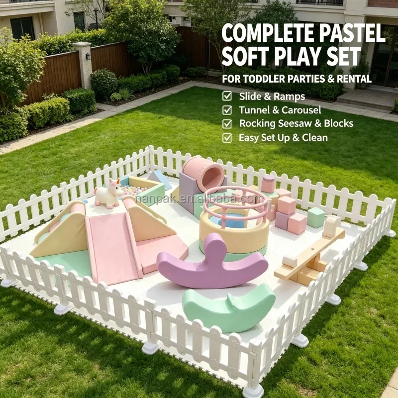 Pastel Soft Play Set for Kids with Slide Tunnel Carousel & Bounce Castle Equipment for Birthday Parties Daycares & Play Rental