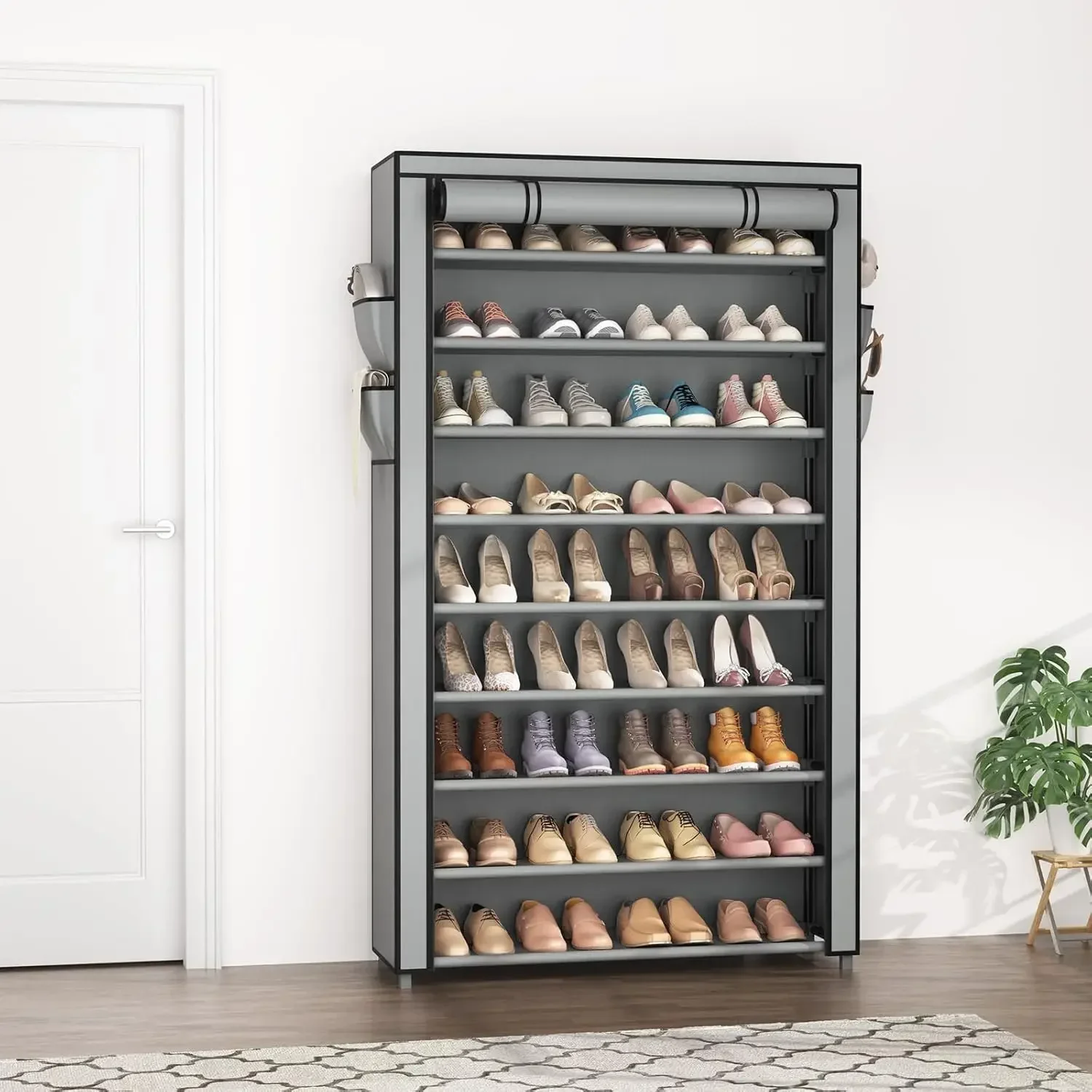 Shoe Rack with Covers 10 Tier Tall Shoe Rack Organizer Large Capacity Shoe Shelf Storage 40Pairs Space Saving Free Standing Grey