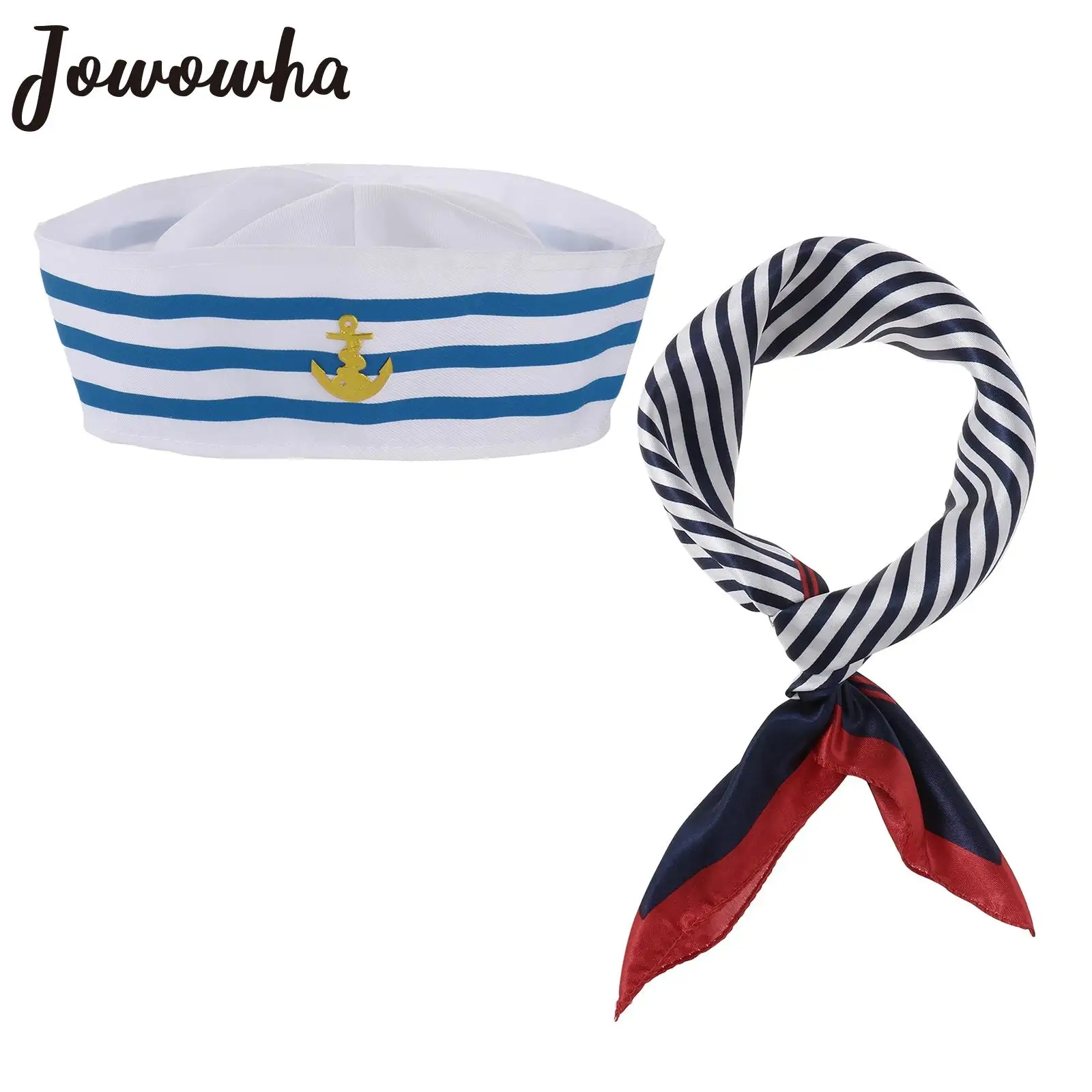 Women Stewardess Striped Satin Small Square Scarf with Navy Sailor Cap Captain Police Hat Carnival Theme Party Cosplay Costume