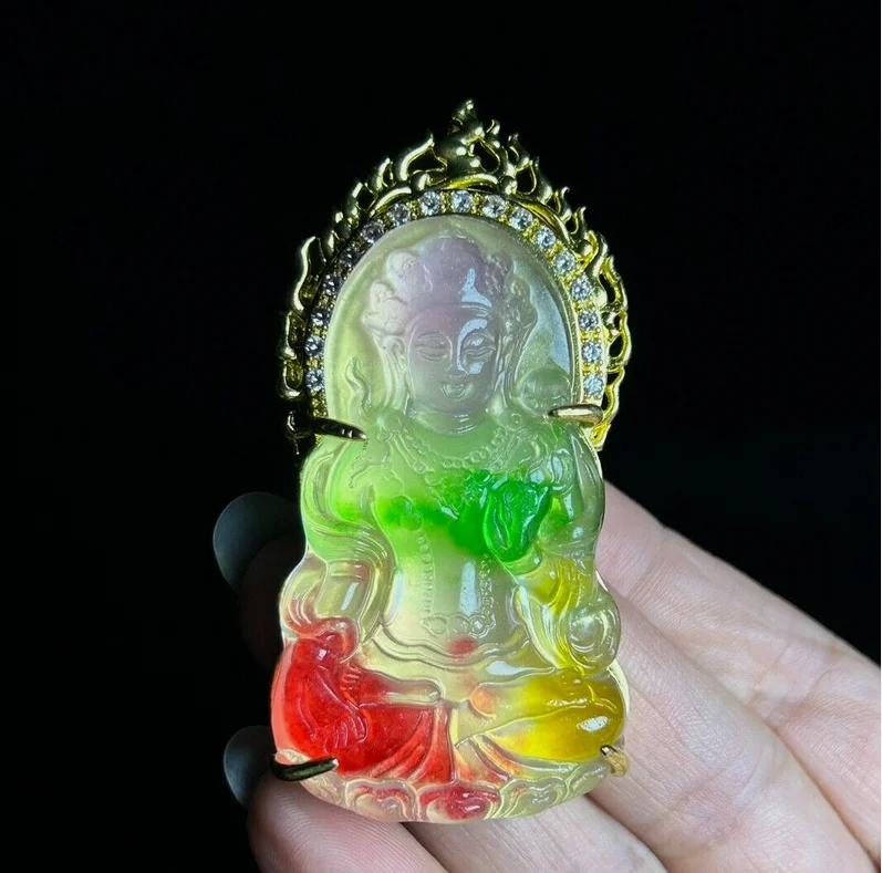 Certified Nature inlay Ice Multicolor jade Jadeite Guanyin Pendant&Necklaces Tara Guanyin