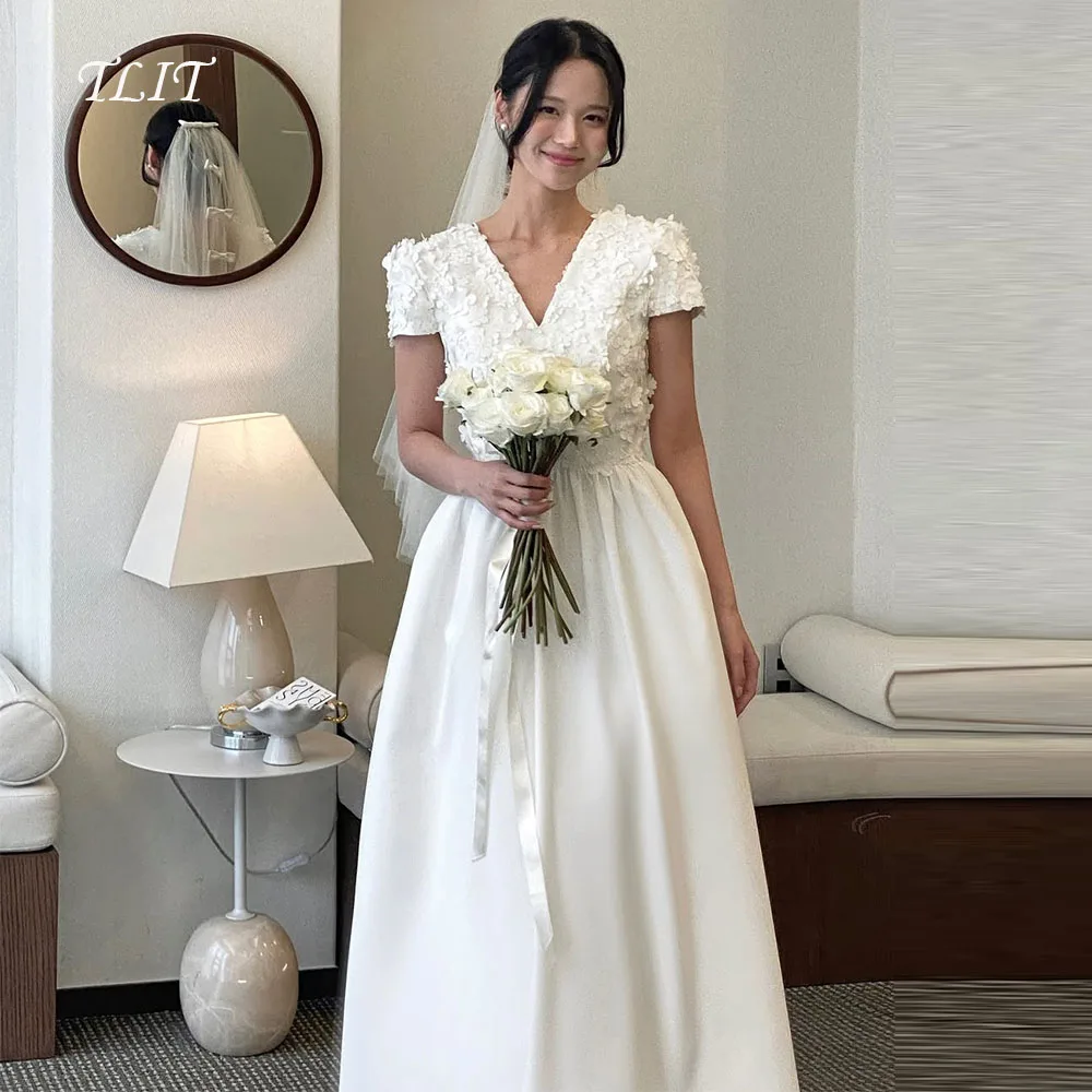 TLIT Elegant Ivory Silk Satin Wedding Dress V-Neck Flowers Short Sleeves Prom Gown Korea Bridal Dress Photos Shoot Customized