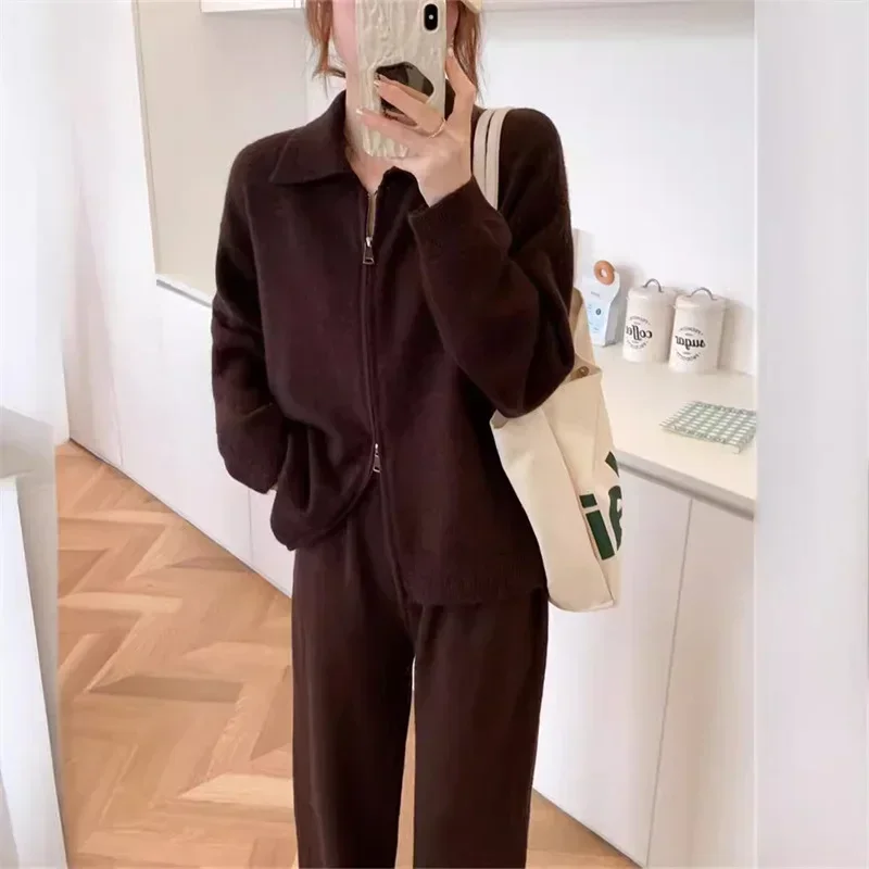 Korean style lazy style lapel sweater suit autumn and winter new zipper loose knitted wide-leg pants two-piece set for women