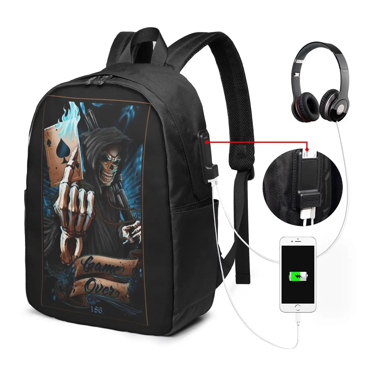 Death God Skeleton With Game Over Backpack Travel Notebook Bag Computer College Student School Bag Laptop Shoulder Bags