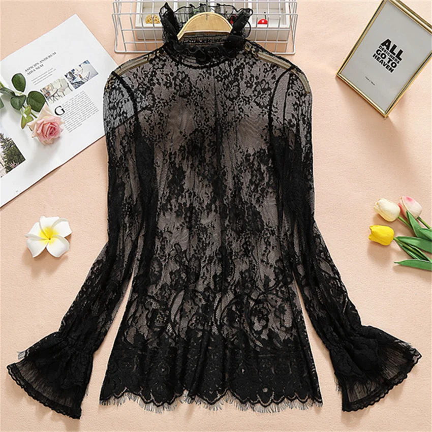 2023 New Women Flare Sleeve Lace Blouse Elegant Summer Lady Mesh Blousas Hollow Out Shirt Bottomings Pullovers Fairy WZ2092