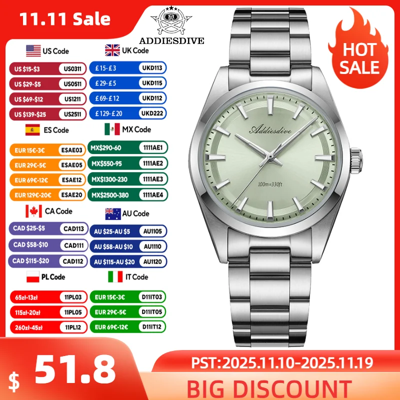 ADDIESDIVE Quartz Man Watch 36MM Bubble Glass VH31 Stainless Steel 100m Waterproof Super Luminous Watches For Man Luxury Watch