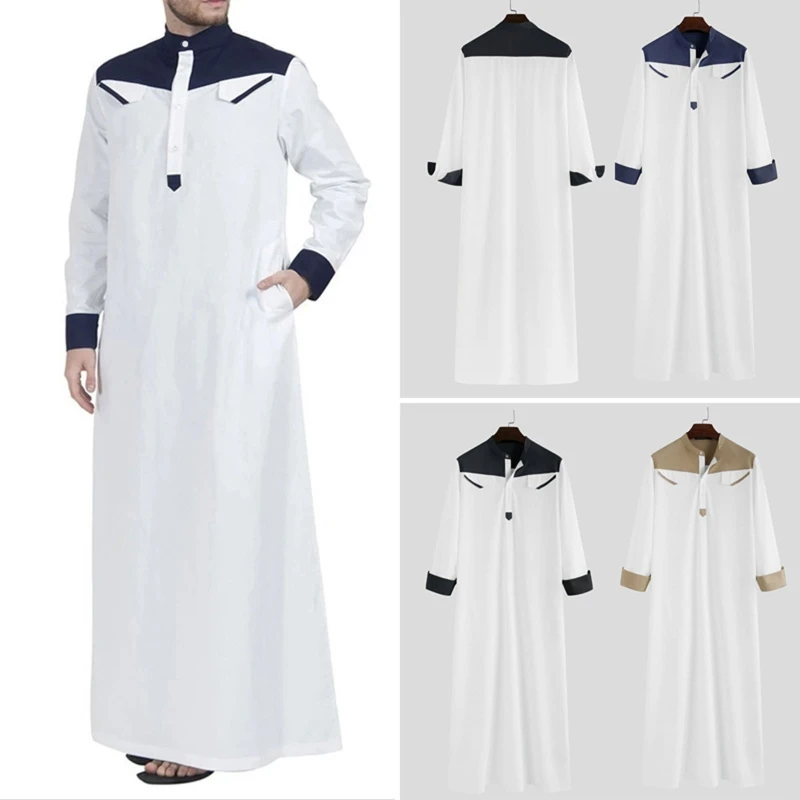 Roupa muçulmana tradicional contraste cor muçulmano vestido médio oriente jubba thobe men robe com mangas compridas mandarin neck