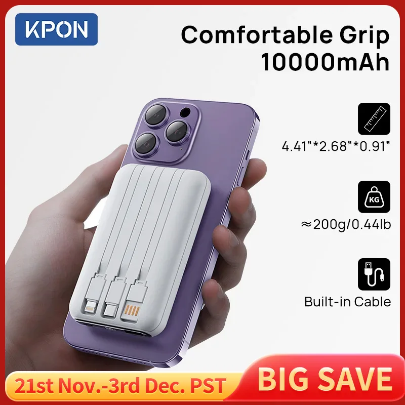 KPON Magnetic Wireless Power Bank 10000mAh Portable Powerbank 22.5W Fast Charging Built-in Cable Mobile Power for iPhone,Samsung