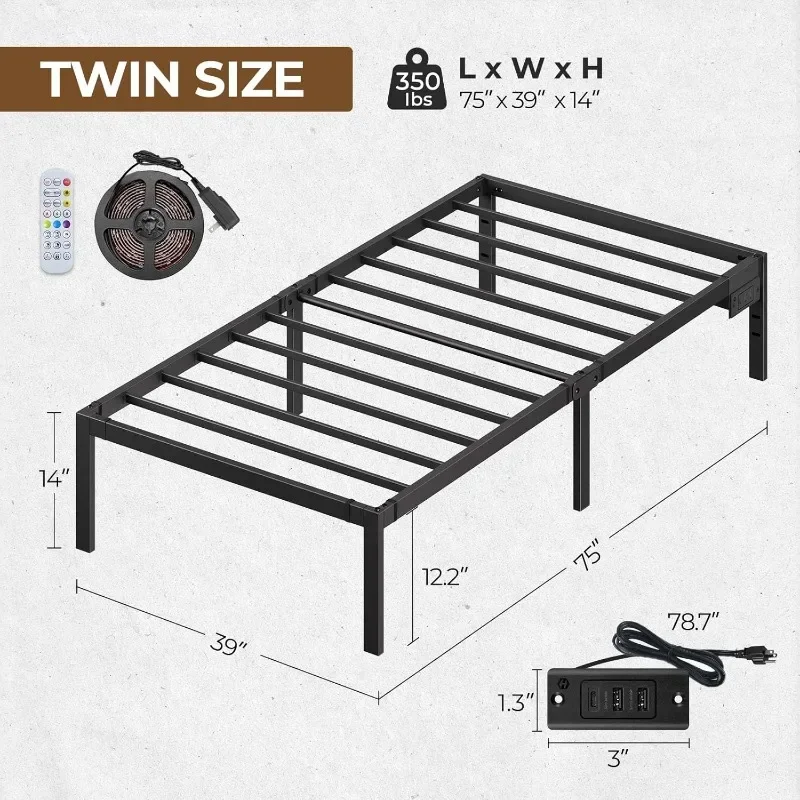 Bed Frame with USB Charging Station, Twin Bed Frame with LED Lights, Platform Bed Frame with Heavy Duty Steel Slats