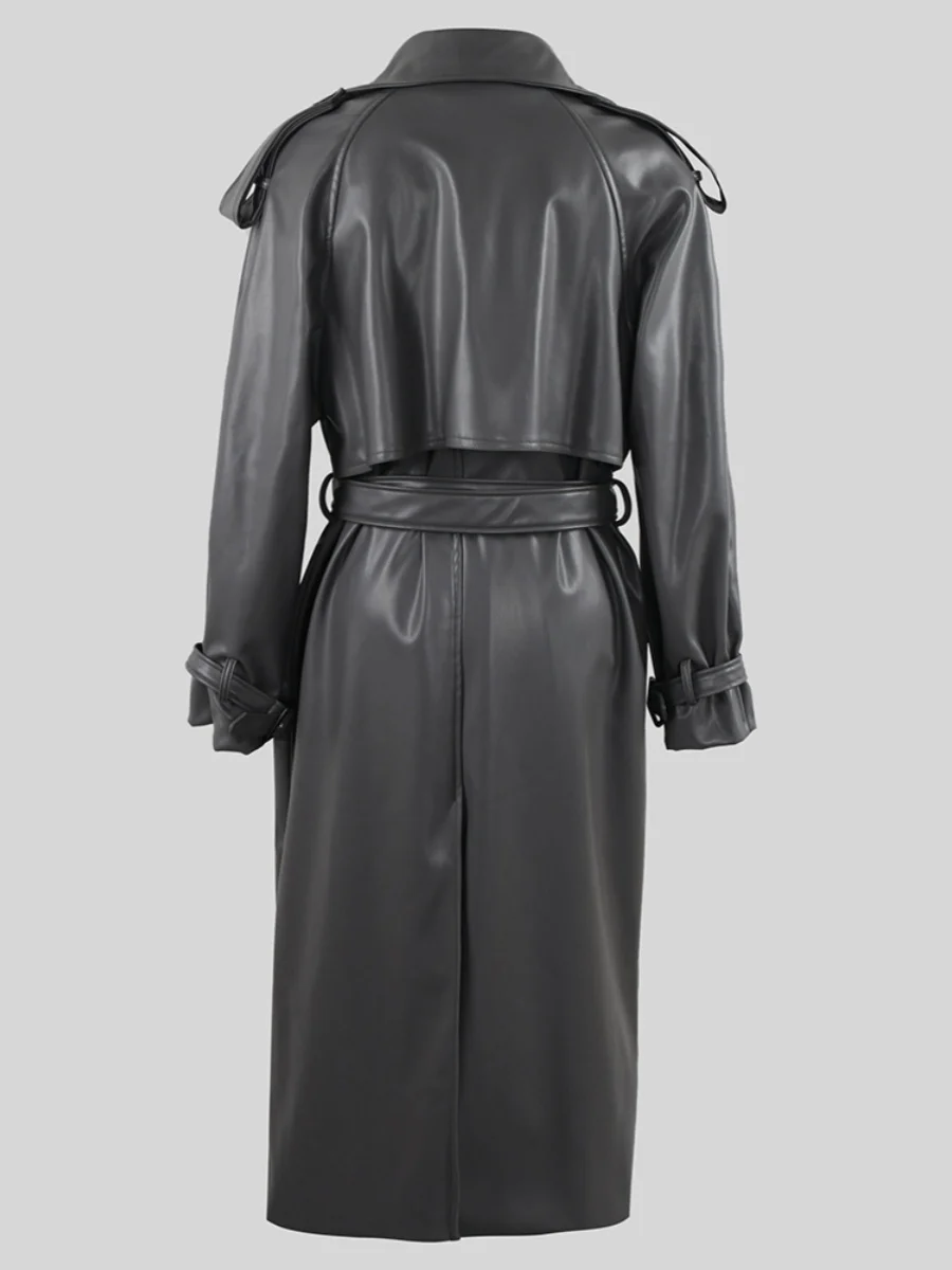 Nerazzurri Women's Long Leather Coat Black Double Row Button PU Leather Jacket with Belt Commute Style Fashionable Outerwear