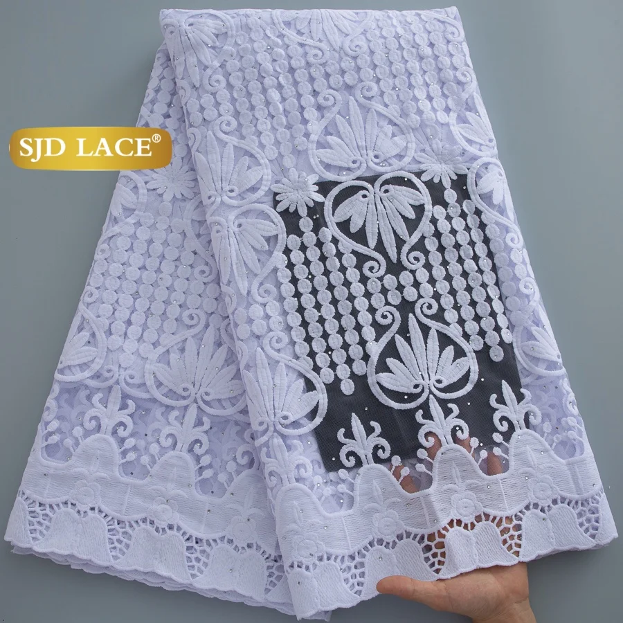 

SJD LACE White African French Mesh Lace Fabrics 2026 Latest Nigerian 5Yards Stones Milk Silk Lace for Women Party Dress Sew 4875