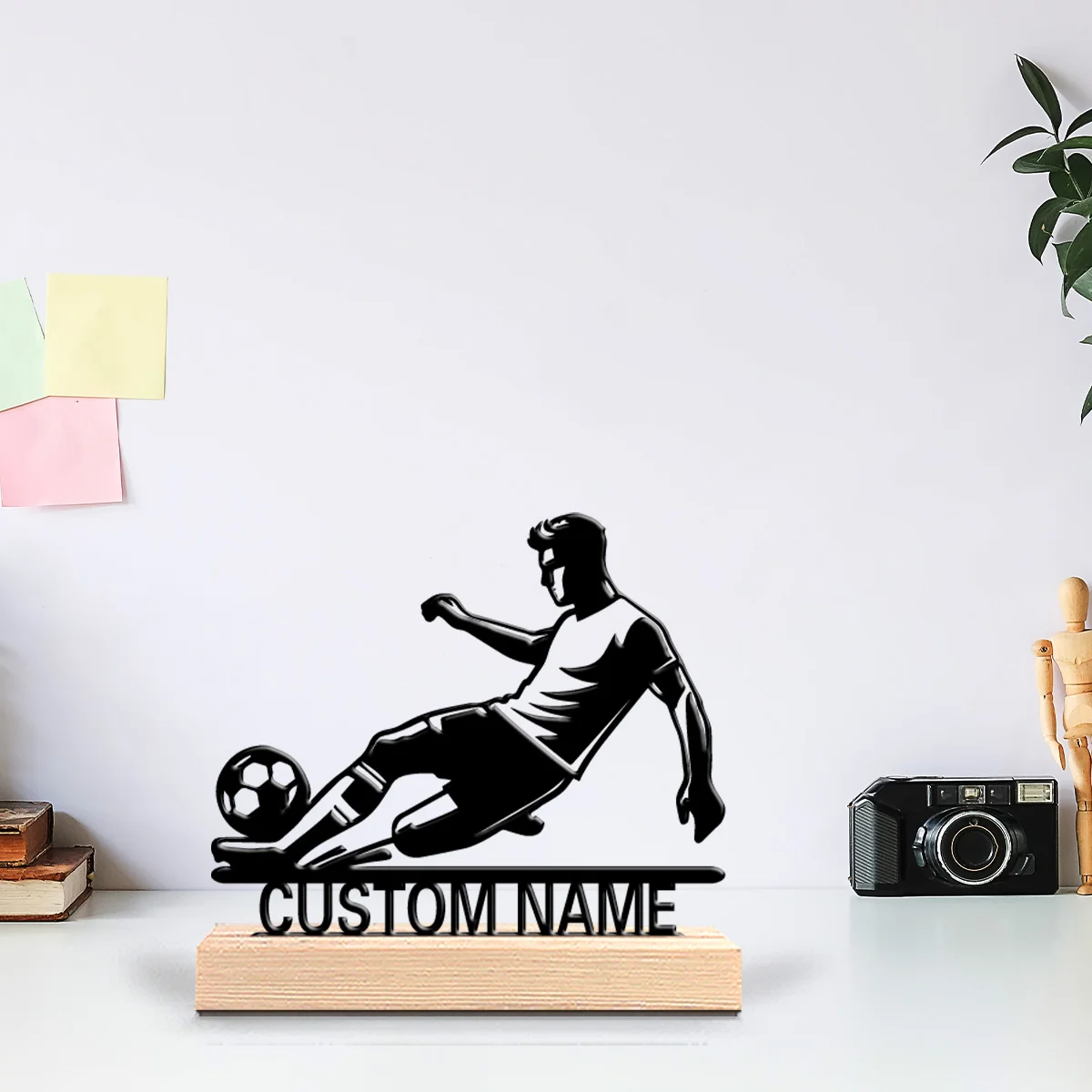 1pc Creative soccer Personalized Name Art Figurine With Wood Base Tin Sculpture For Office Room Decor
