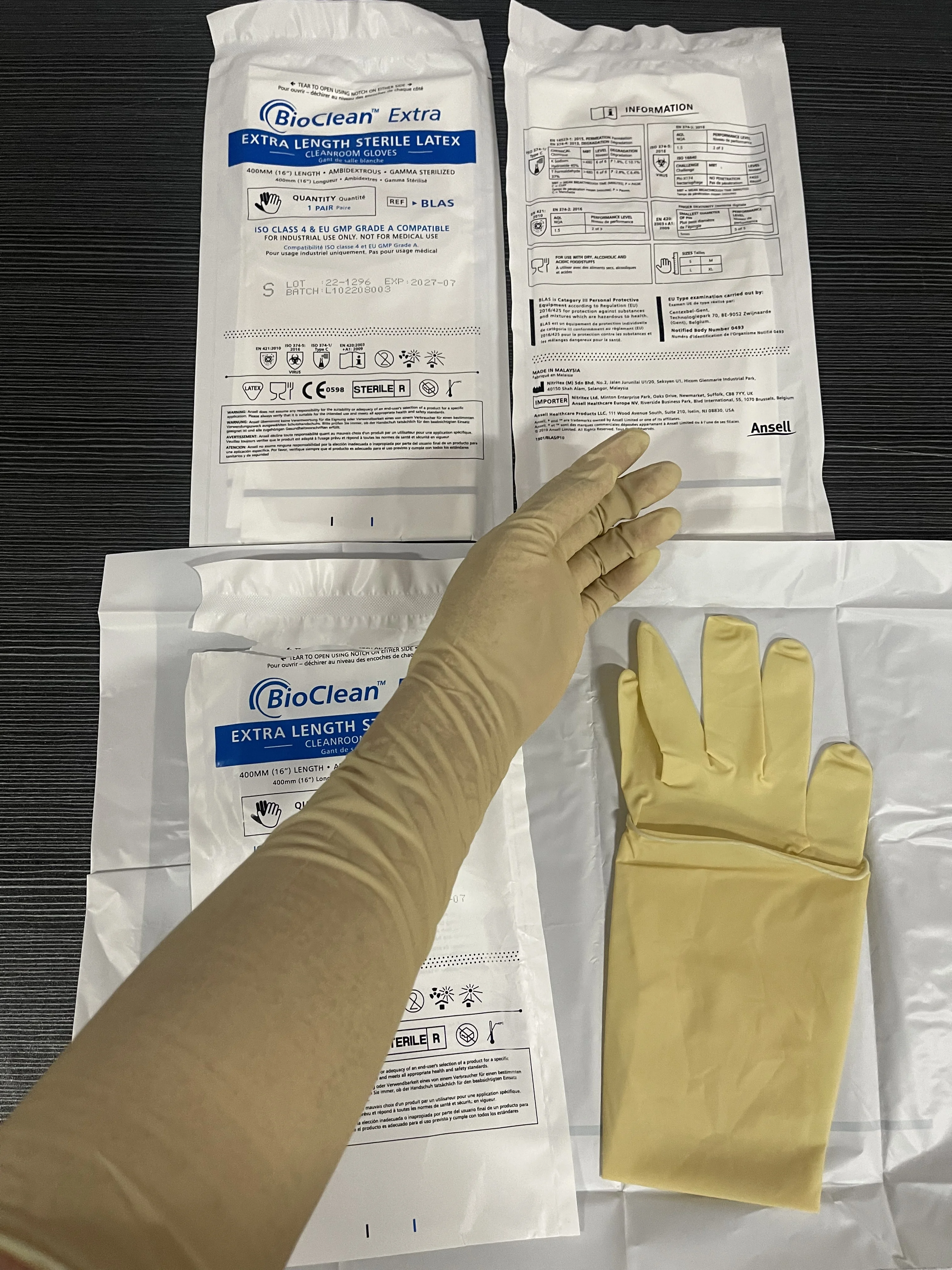 Ansell Bioclean Extra Blas (1 Pair)Disposable Latex Cleanroom  Glove ISO Class 4 & EU GMP Grade A/B  Length 400mm or 16 inch